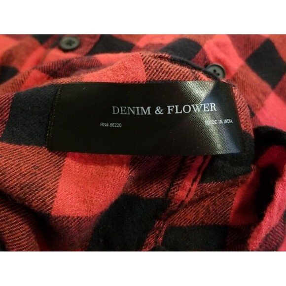 Denim & Flower Men’s Medium Plaid Red Black Flannel Button  Shirt    T4 - Picture 4 of 6